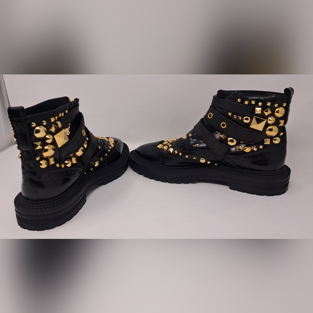 Burberry Everdon Leather Biker Boots Combat Ankle Buckle Gold Studs 10 US 40 EU - Picture 6 of 12